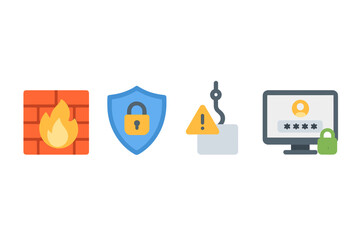 Poster - Icons representing cybersecurity concepts such as firewalls, encryption, phishing alerts, and secure access in a digital environment