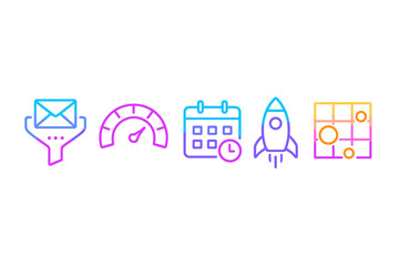 Aufkleber - creative icons representing email, performance metrics, calendar planning, rocket launch, and data m