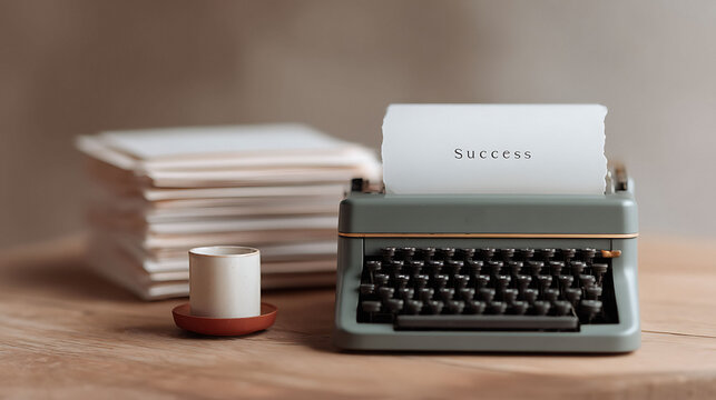 Vintage typewriter with Success on paper, beside coffee cup and stack of pages. Symbolizes ambition, hard work, and achievement. Perfect for motivational content.