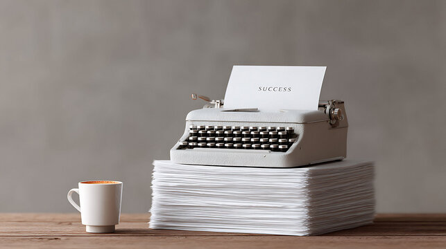 Vintage typewriter with Success typed on a page, resting on a paper stack, and coffee cup. Evokes ambition, nostalgia, writing, and achievement. Use for creativity themes.