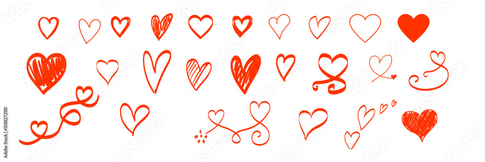 Red heart doodles set. Hand drawn hearts icon collection. Various ...