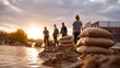 © Tetyana - Group of volunteers working together to stack sandbags along a flooded area, with a beautiful sunset illuminating the scene, showcasing community effort and resilience in crisis