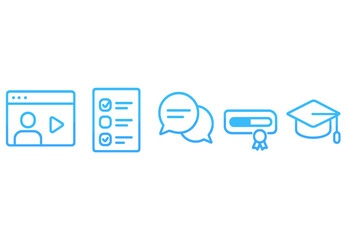 Aufkleber - Educational technology icons representing online learning, assessment, communication, and graduation in a modern design