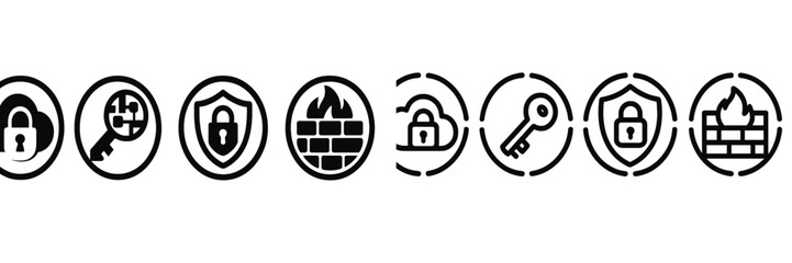 Poster - Symbols representing cybersecurity measures and data protection strategies with various locks and shields on a white background