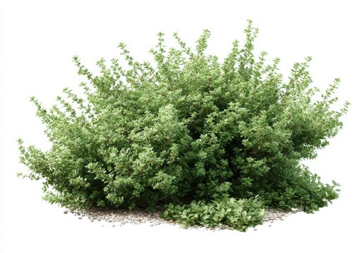 Lush green shrub, small leaves,  on a bed of gravel