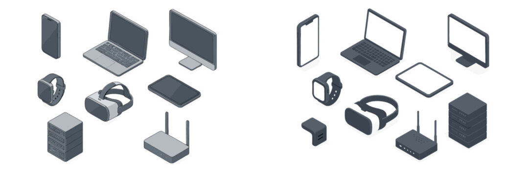 Various technology devices including laptops, smartphones, and wearables arranged on a clean background