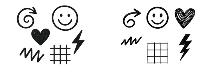 Poster - Creative doodles featuring smiley faces, hearts, and abstract shapes on a white background
