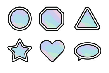 Poster - Colorful geometric shapes with iridescent designs on a white background, illustrating modern graphic art concepts