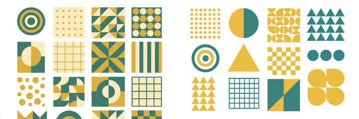 Poster - Colorful geometric patterns showcased in a grid layout with distinct shapes and shades of green and yellow