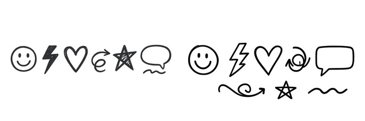 Poster - Creative doodles of symbols including hearts, stars, smiles, lightning, and speech bubbles arranged in a playful manner