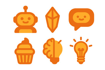 Poster - Creative design featuring playful icons of a robot, gem, chat bubble, cupcake, brain, and light bulb in bright shades of orange
