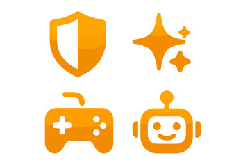 Poster - Colorful set of gaming icons including a shield, a controller, a star, and a robot designed for a playful digital theme