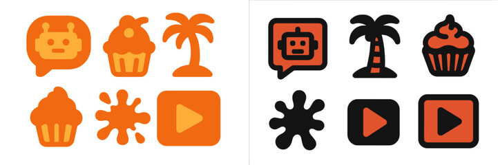 Poster - Colorful graphic design featuring playful icons of cupcakes, robots, and palm trees against a vibrant background