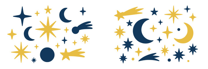 Poster - Celestial patterns featuring stars, moons, and comets in a creative and whimsical design