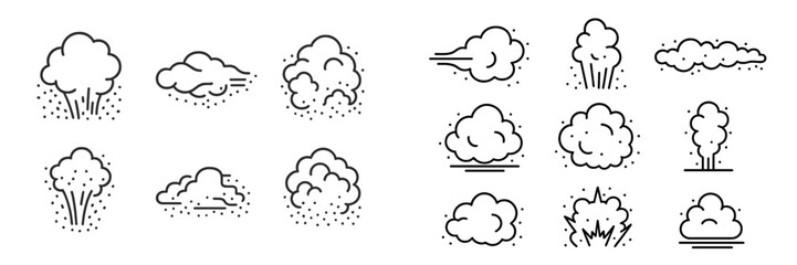 Poster - Variety of cloud and smoke icon designs in simple line art style for digital graphics and illustrations