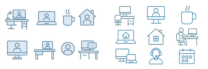 Poster - Series of icons depicting remote work, home office setups, and virtual meetings with various devices and elements