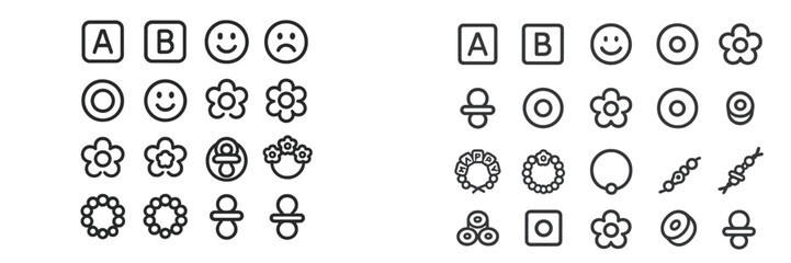 Poster - Unique collection of simple icons featuring flowers, shapes, and emotive symbols on a clean background