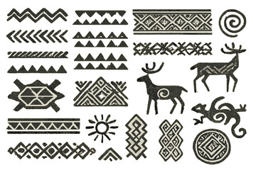 Poster - Intricate tribal patterns featuring animals and geometric designs in black and white on a neutral background