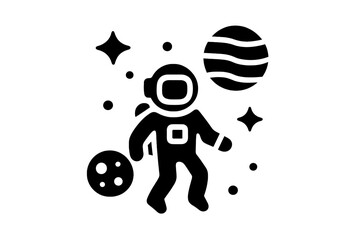 astronaut exploring cosmic space with stars and planets around in a black and white illustration