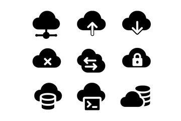 Poster - Cloud computing icons representing upload, download, data transfer, and security features in a simple design