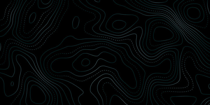 Dark futuristic background with glowing contour lines and dotted paths, resembling a topographic map. Ideal for sci-fi, tech designs, or abstract visuals with depth and navigation themes.