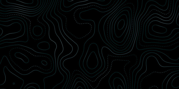 Dark futuristic background with glowing contour lines and dotted paths, resembling a topographic map. Ideal for sci-fi, tech designs, or abstract visuals with depth and navigation themes.