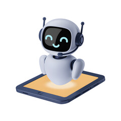 Poster - Cute chatbot character floating above a tablet device creates a friendly digital assistant representation.