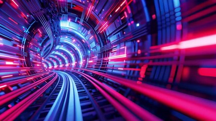 Poster - Futuristic tunnel illuminated by vibrant neon lights, showcasing dynamic motion and energy