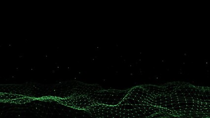Aufkleber - Digital technology wave with dust. Dark cyberspace with green motion dots and lines. Futuristic digital background. Big data analytics. 3d rendering.