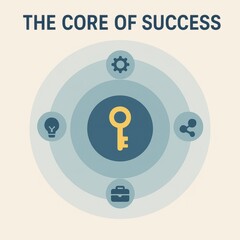 Poster - The Key Symbolizes the Core of Success with Icons of Innovation, Tools, and Teamwork Surrounding It