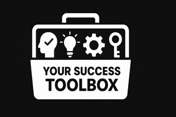 Poster - Your Success Toolbox with Brain, Light Bulb, Gear and Key Icons on Black Background