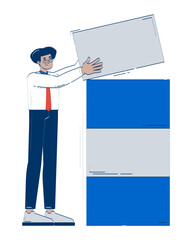 Poster - Hispanic businessman stacking blocks for data visualization 2D doodle character. Latino office worker building dataset cartoon person vector drawing isolated on white. Hand drawn illustration colorful