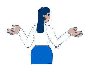 Poster - Middle eastern businesswoman gesturing uncertainty from behind 2D doodle character. Corporate turkish female shrugging cartoon person vector drawing isolated on white. Hand drawn illustration colorful