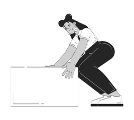 Poster - Latina businesswoman bending to lift heavy block doodle linear character. Hispanic female professional manual work 2D vector outline person isolated. Hand drawn drawing illustration monochrome