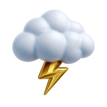 3d rendered golden lightning bolt emerging from a fluffy white cloud isolated on transparent background