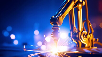 Poster - Robotic arm performing precision laser cutting in a high-tech workshop with vibrant bokeh lights