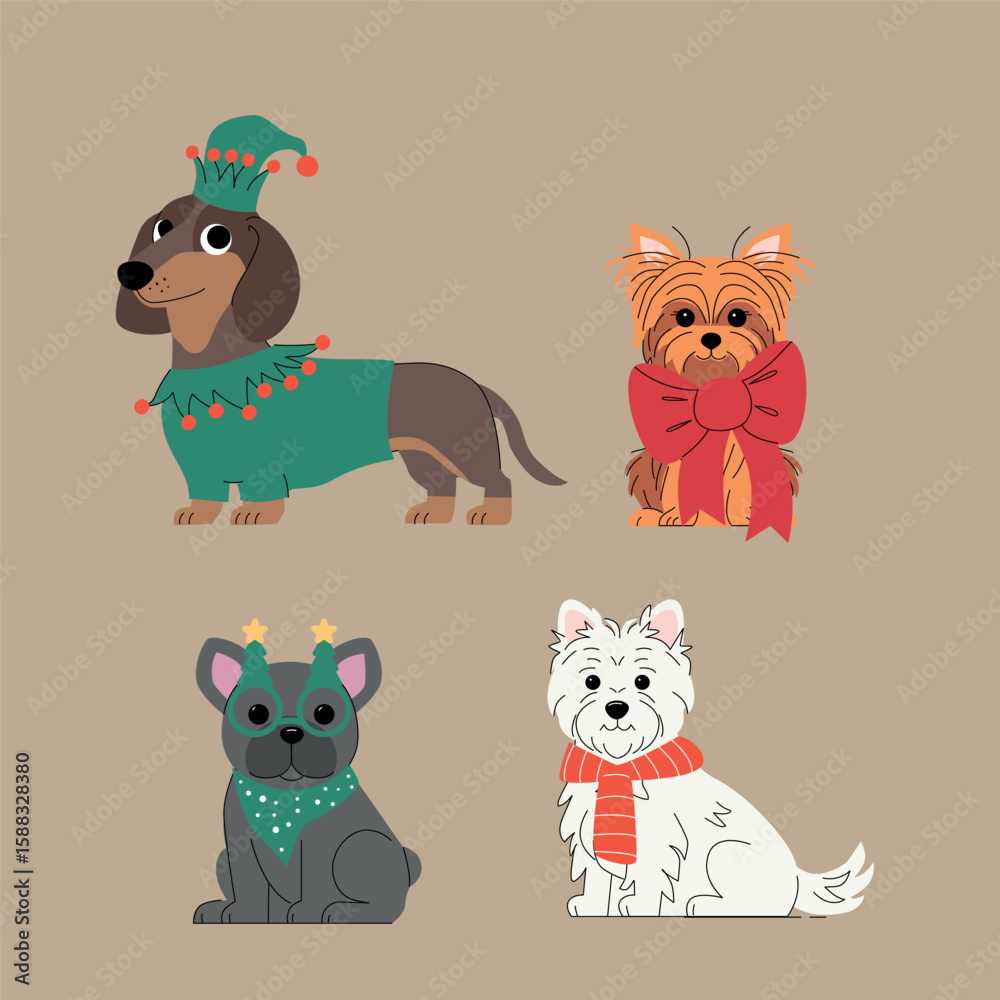 Cute cartoon dogs in festive Christmas costumes including hats, scarves ...