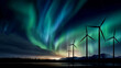 © ALA - Wind turbines in motion with blurred sky stripes, long exposure effect against the backdrop of the northern lights. The concept of an alternative energy