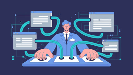 administrator at a control panel managing data connections vector illustration, cross-linking, content relationships and information architecture