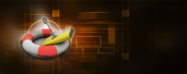 Poster - 3D rendering Yellow folder protection key in life belt