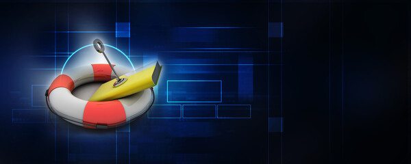 Poster - 3D rendering Yellow folder protection key in life belt