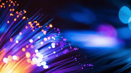 Fototapete - Vibrant fiber optic strands illuminated with colorful lights against a blurred background