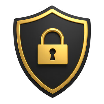 Golden padlock sits centered on a black shield, representing data protection and robust security, transparent background