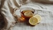 © ryan - Glass cup of hot herbal tea with lemon slices on soft linen cloth, radiating warmth, freshness, and natural flavor, ideal for themes of health, mindfulness, and self-care.