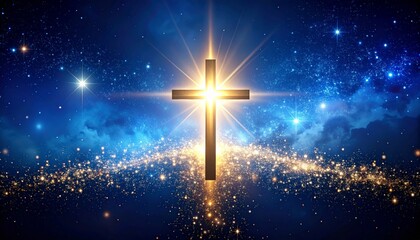 Poster - Abstract Star Field with Golden Cross Subtly Emerging, Symbol of Hope and Faith