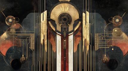 Poster - Abstract Art Deco Geometric Design with Gold and Red Accents, Elegant