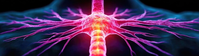 Poster - Pinched nerve and sciatic pain concept. Close-up view of a neuron highlighting its intricate structure.