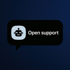 Poster - A stylized speech bubble containing the text Open Support, coupled with an illustrated robot icon, rendered in a sleek and contemporary design. customer support service