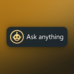 Poster - Ask Anything button with golden robot assistant logo, showcasing the power of AI Chatbots in answering inquiries on a digital dark background.