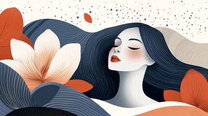 Aufkleber - Serene woman portrait with floral accents in minimalist abstract style